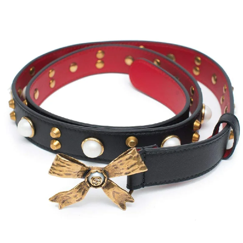 Handle bags with a mix of textures like leather and fabric for bold appeal -Gucci Studded Leather Belt Metal Bow Hibiscus Red Black Belt Moon Pearl Italy NEW