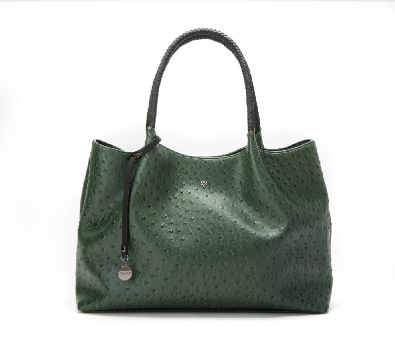 Vintage-inspired handle bags with retro patterns and stylish features for modern use -Gunas New York Naomi Dark Green Vegan Leather Tote Bag