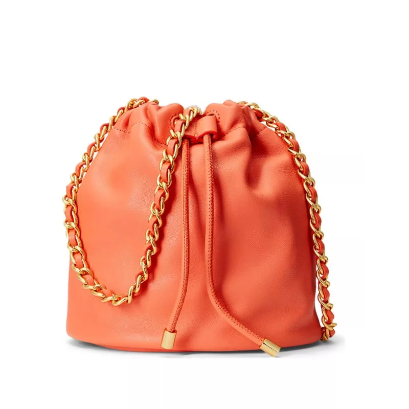 Handle bags with extra-wide openings for quick access to all items inside -Lauren Ralph Lauren Nappa Leather Medium Emmy Bucket Bag Portside Coral