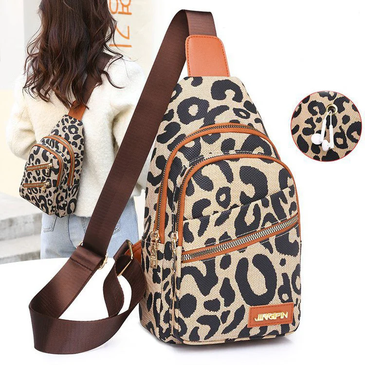 Backpack for College Students-Leopard Print Sling Chest Bag With Headphone Jack Crossbody Backpack Shoulder Bag Women