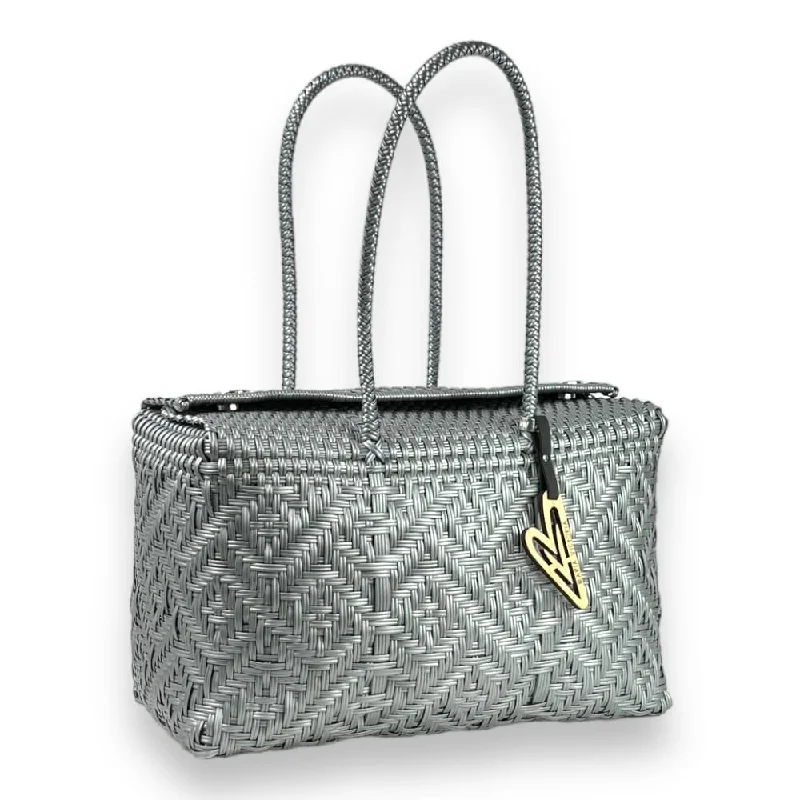 Handle bags for women with bold metallic finishes for a striking look -Maria Victoria | Glow Silver Basket | Upcycled, Handwoven