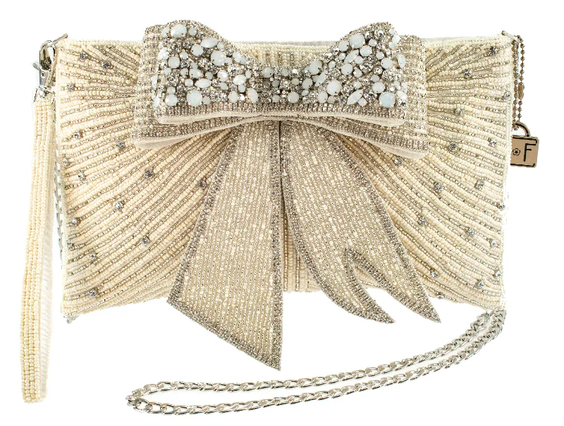 Handle bags with dual top handles for easy carrying and added fashion flair -Mary Frances Cherish, Embellished 3-D Bow Crossbody Bridal Clutch White Bride Bag Handbag New