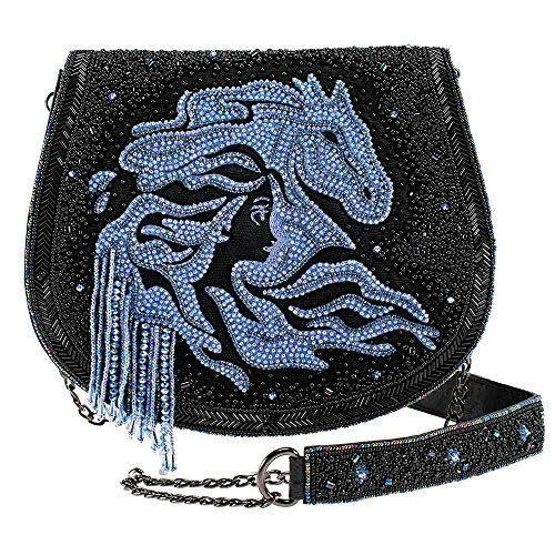 Large, structured handle bags for professionals looking for functional and stylish accessories -Mary Frances Disney Frozen 2 Fearless Blue Horse Black Bead Elsa Bag Handbag New