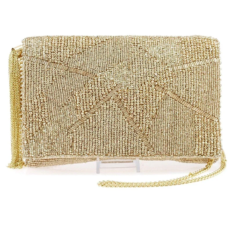 Handle bags with additional compartments for tech gadgets like tablets or phones -Mary Frances Gold Lining bag Beaded Pouch Tech Purse Print Mini Crossbody New