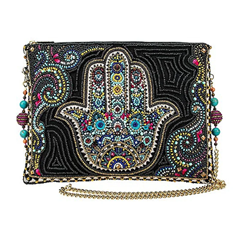 Designer handle bags with exotic prints for fashion-forward women looking for flair -Mary Frances Good Hands Hamsa Crossbody Zipper Handbag Black Multi Purse Bag New