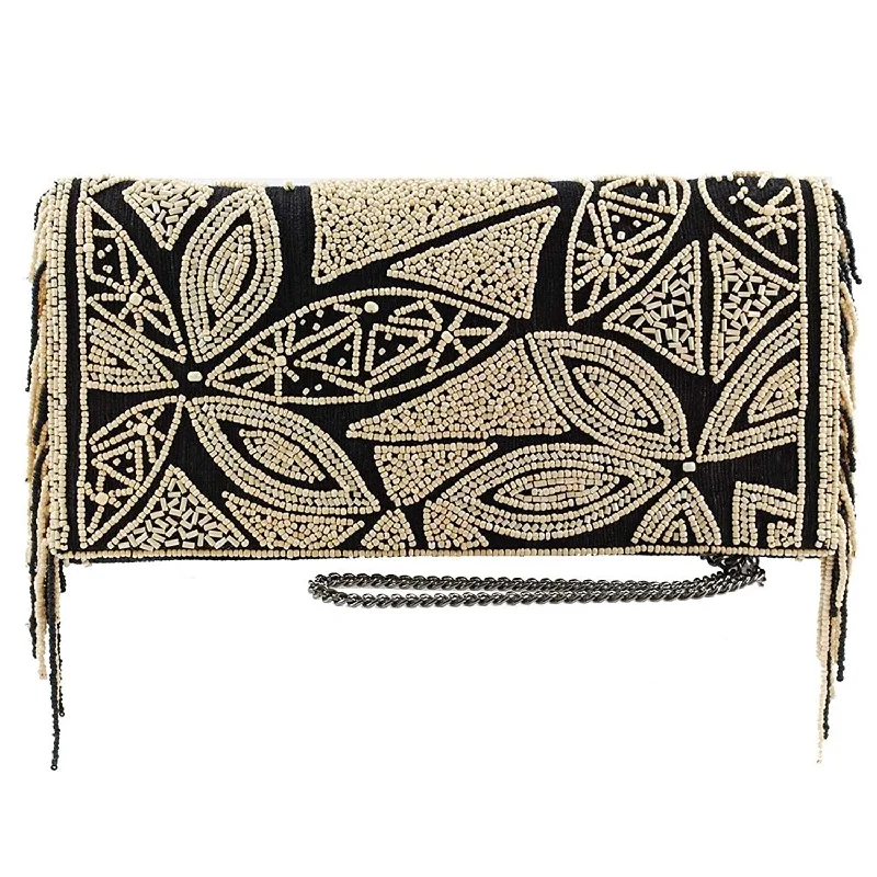 Stylish handle bags with zipper pulls for easy access and secure closure -MARY FRANCES Kindred Spirit Beaded Raw Silk Crossbody Handbag with Beaded Side Fringe