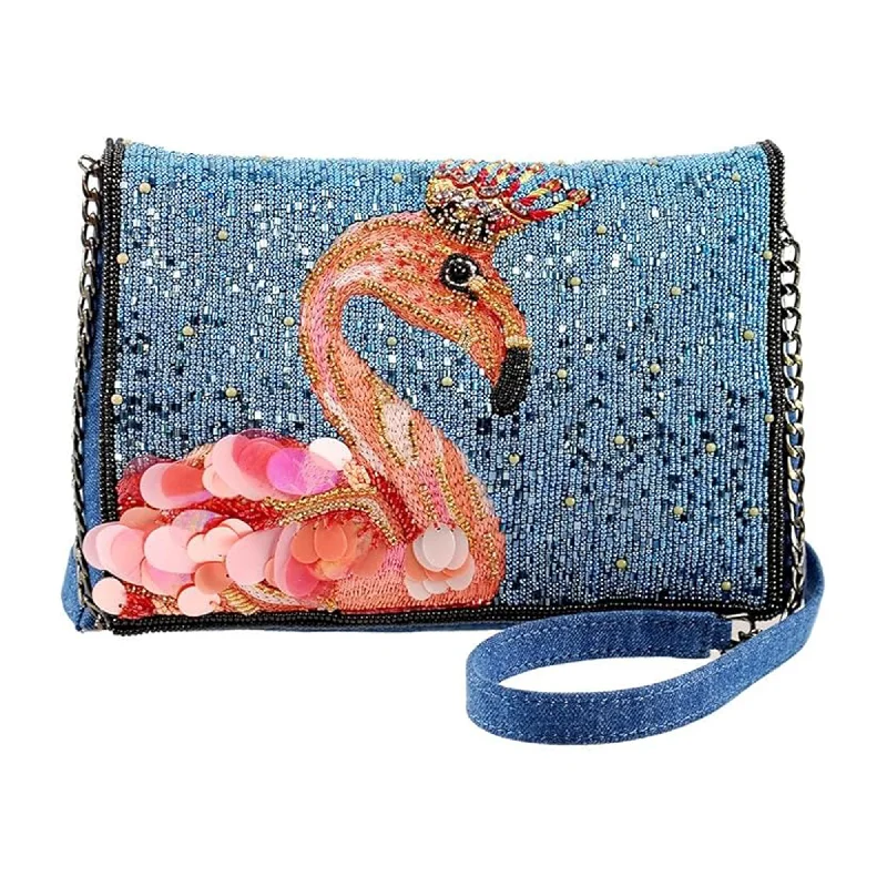 Luxury handle bags with crocodile texture for an exotic, high-end look -Mary Frances Queen Flamingo Embellished Denim Purse Novelty Handbag Blue Bag NEW