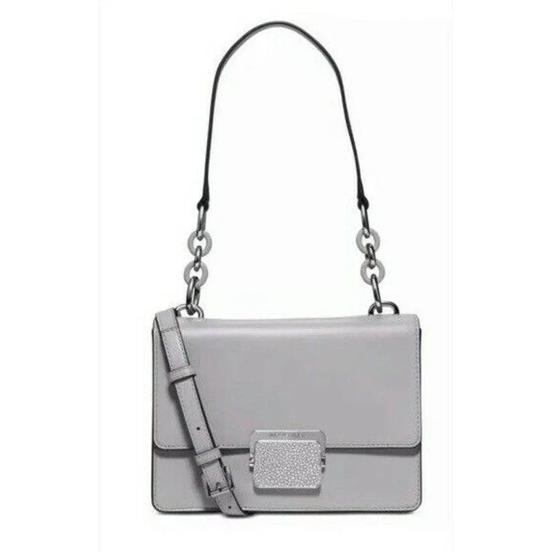 Fashionable handle bags for women with contrasting textures and materials for uniqueness -MICHAEL KORS, "Cynthia", Gray Shoulder Bag, Flap Closure, Leather