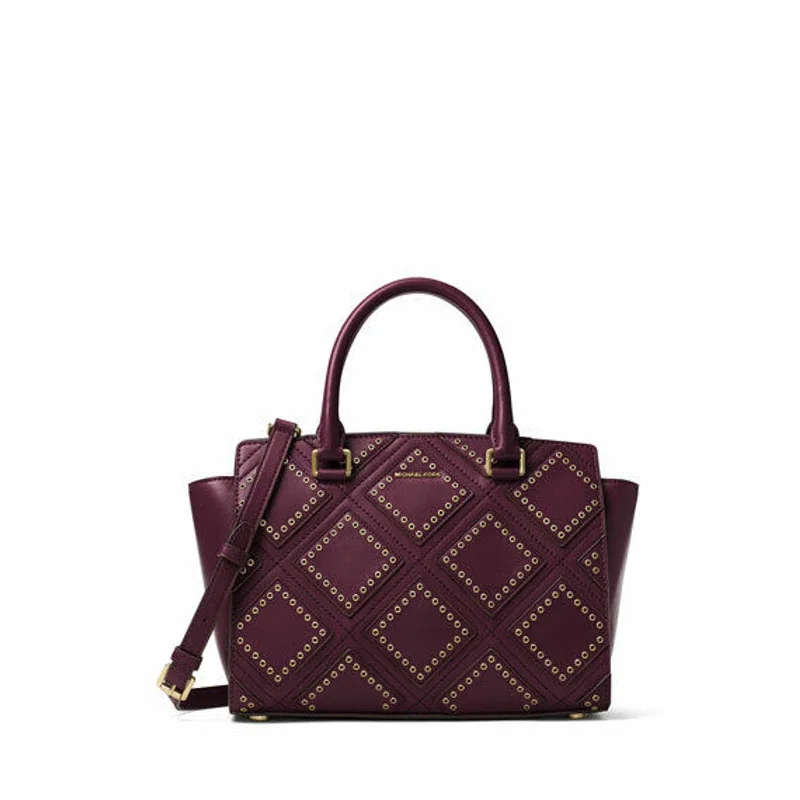 Handle bags with extra-wide openings for quick access to all items inside -MICHAEL KORS, Diamond Grommet Selma Satchel, Plum/Gold, Leather