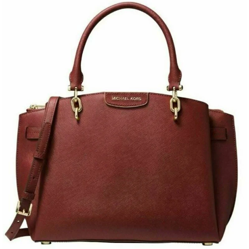 Handle bags with metallic hardware for a sophisticated and elevated appearance -MICHAEL KORS ROCHELLE LARGE SATCHEL BRANDY LEATHER