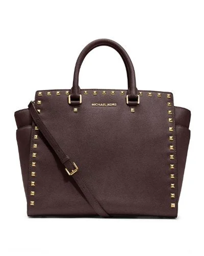 Stylish handle bags with transparent materials for a trendy, modern vibe -Michael Kors Selma North South Large Stud Satchel Coffee