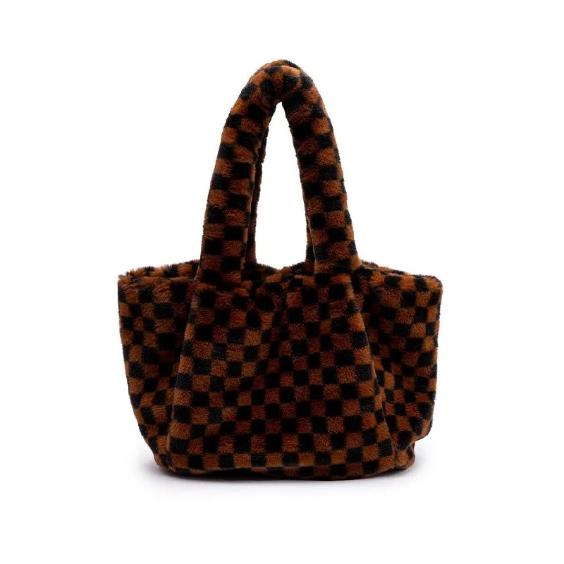 Designer handle bags for women with gold accents and luxurious finishes -SkinnyDip Ladies "Ella" Brown & Black Checkerboard Fluff Tote Bag