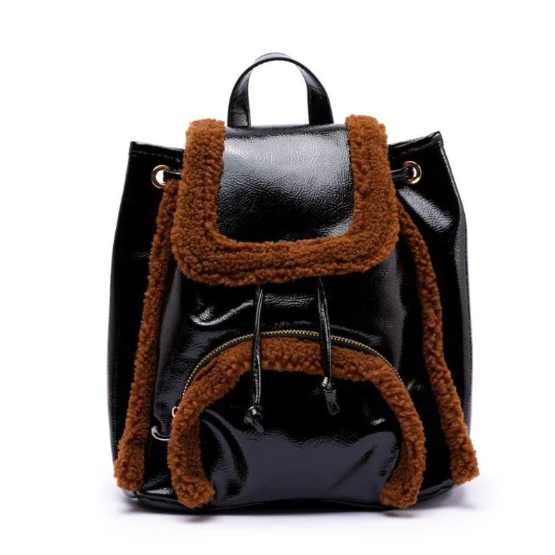 Compact handle bags for women with chic designs and easy-to-carry size -SKINNYDIP LONDON Women's Black & Brown "Scarlett" Small Fluff Trim Backpack