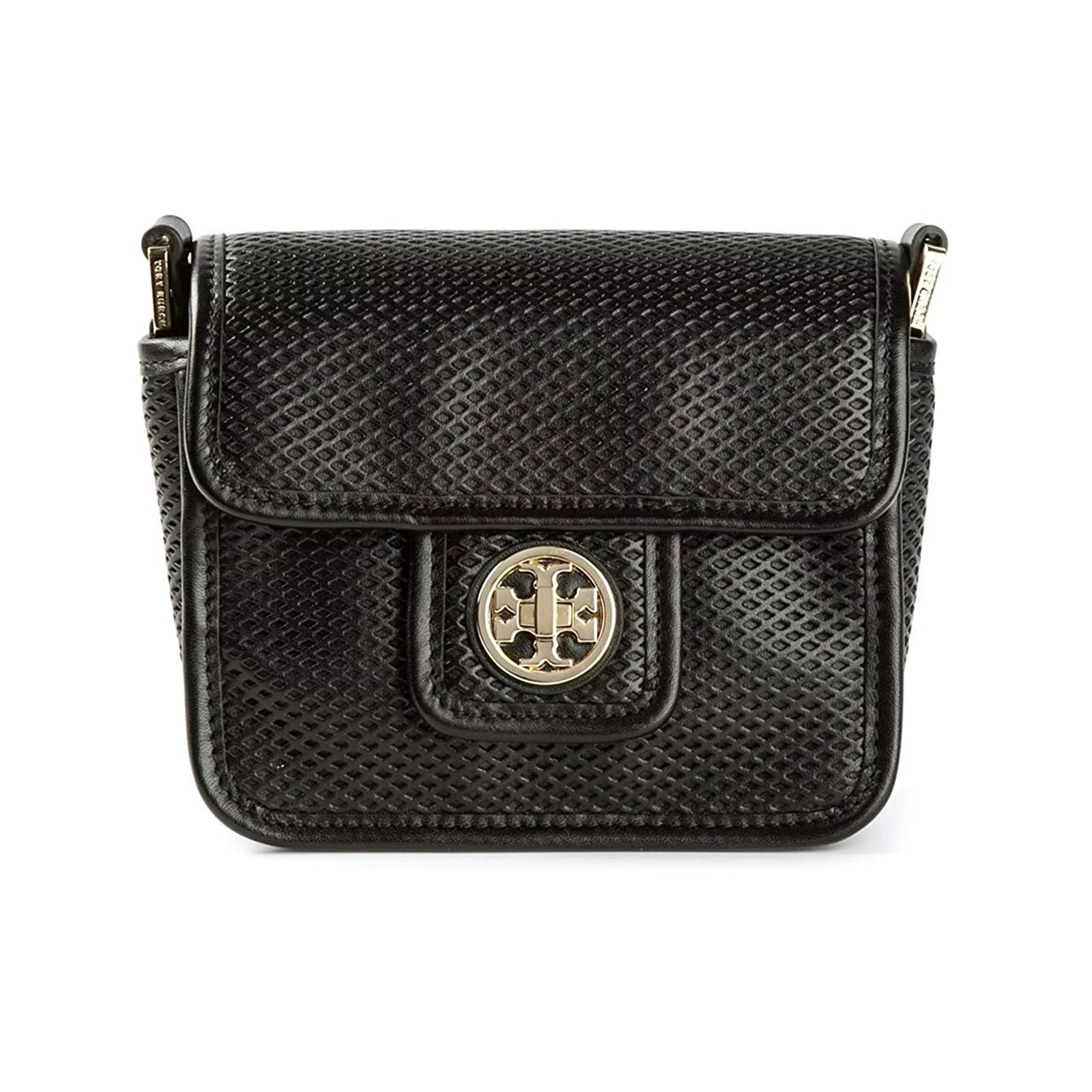 Vintage-inspired handle bags with retro patterns and stylish features for modern use -Tory Burch Harper Mini Shoulder Bag Black Perforated Crossbody Handbag Purse New