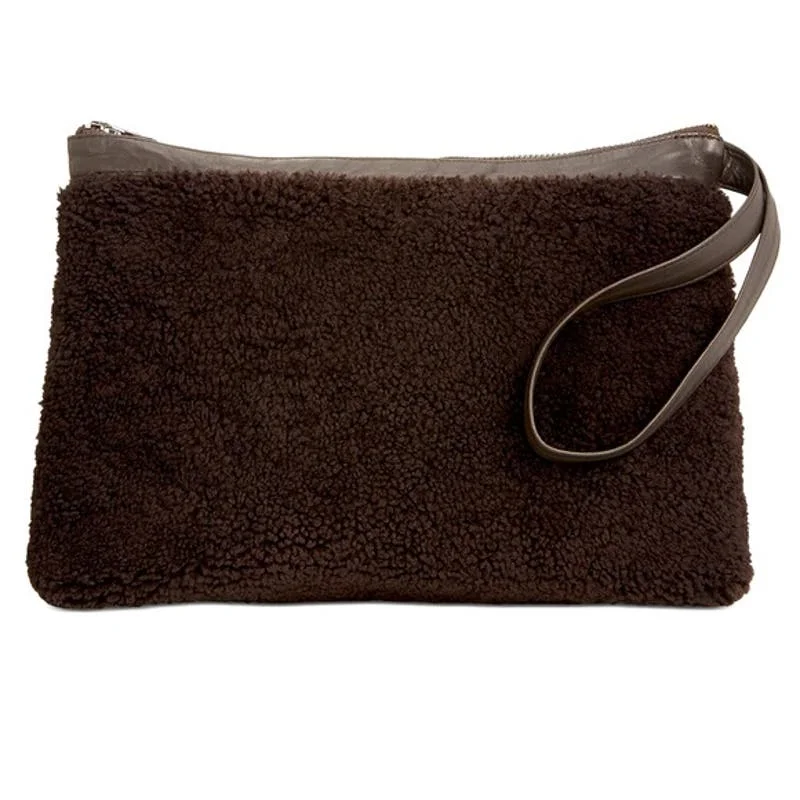 Handle bags with detachable pouches and compartments for organized storage on the go -VIAVENETO "Delilah" Curly Shearling Wristlet In Dark Chocolate Brown